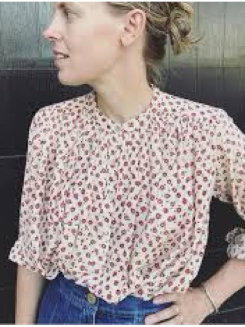 Matta Cream Blouse with Pink Floral Micro-Print and Ruffle Neck